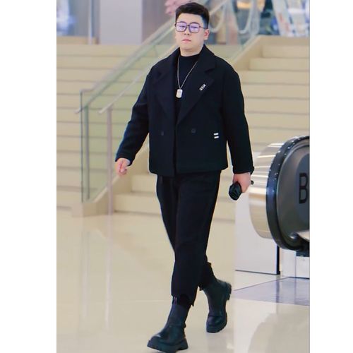 胖男生秋冬穿衣搭配大码毛呢夹克休闲刺绣西装外套潮微胖套装单件