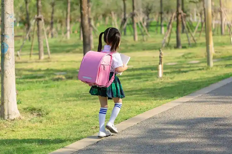 背着书包走在放学路上的小女孩背影图片下载