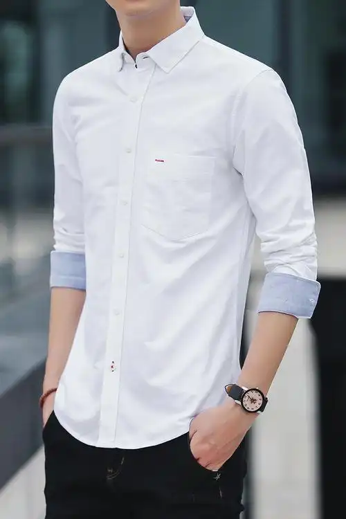 纯棉加大码长袖衬衫男内搭牛津纺寸衫春装休闲韩版潮流帅气修身衬衣