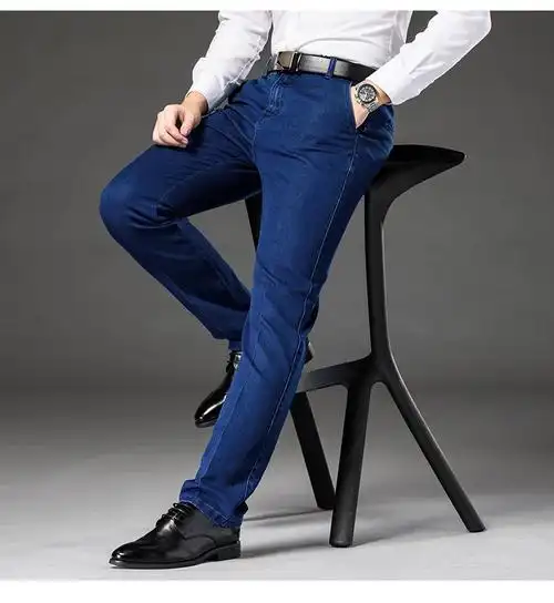 中老年男装爸爸装直筒牛仔裤春秋季男士休闲裤中年长裤子宽松 蓝色 30