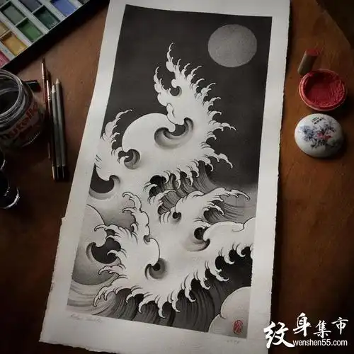 水浪浪花纹身手稿图案
