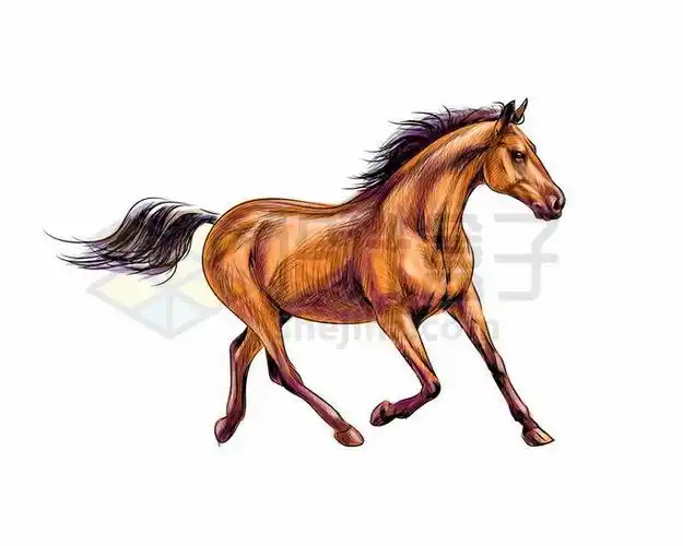 慢速奔跑着的枣骏马写实风格水彩插画24897矢量图片免抠素材