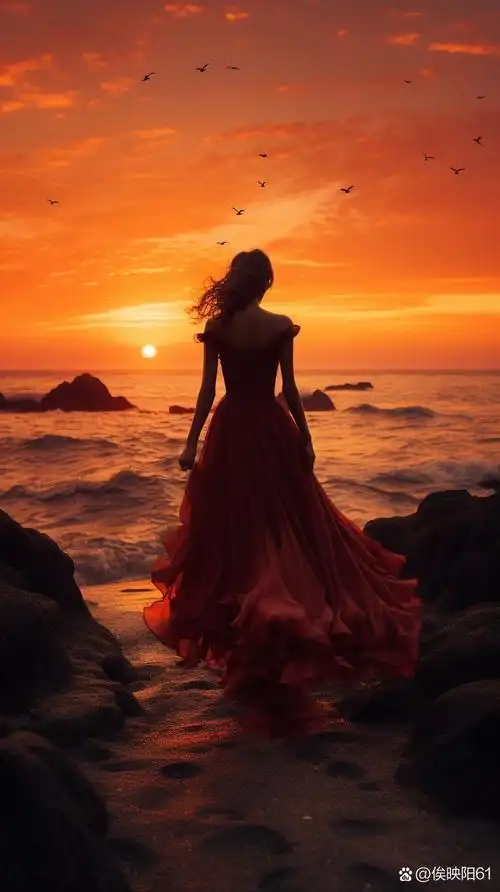 裙摆飘荡的壁纸海边长发红裙美女背影海浪孤独的背影图片女神夕阳背影
