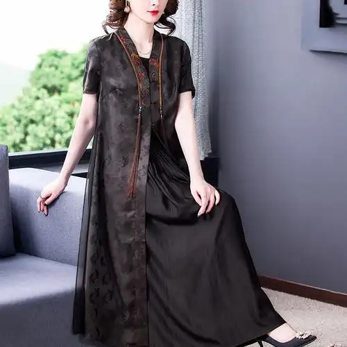 高端女装大码真丝改良旗袍香云纱连衣裙女品牌长款显瘦桑蚕丝裙夏