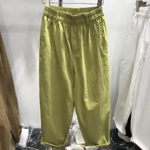 荧光黄夏季新款棉料女裤垮裤宽松口袋休闲裤九分裤子松紧腰大码潮