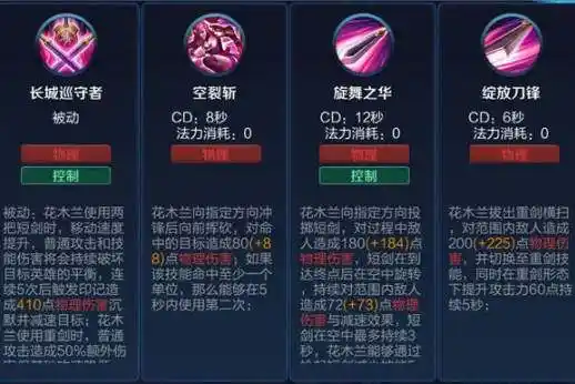 双剑形态有利于花木兰切后排,重剑形态有助于花木兰打团. 一技能:空