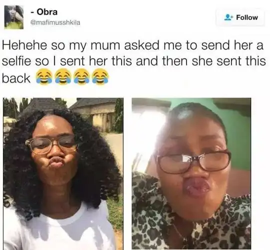 同样的还有这位叫obra的黑人妹子,给妈妈发了张撅嘴亲亲的自拍,结果