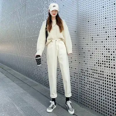 可调节米白色哈伦裤女高腰2021秋季新款直筒九分显瘦萝卜长裤,女装
