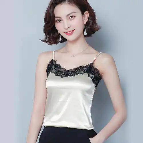 性感蕾丝花边v领内搭小吊带背心女夏季真丝短款缎面无袖打底上衣