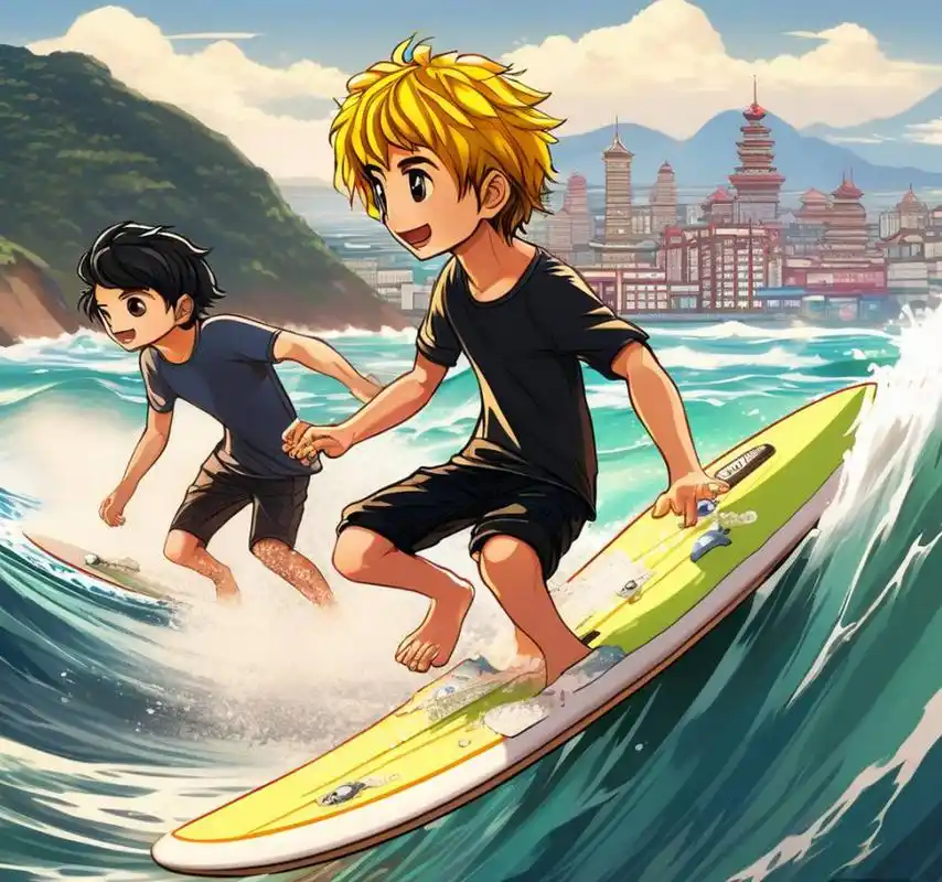 海尔兄弟ai创作赛# 海尔兄弟新形象描绘了兄弟俩在海面上冲浪的尘景