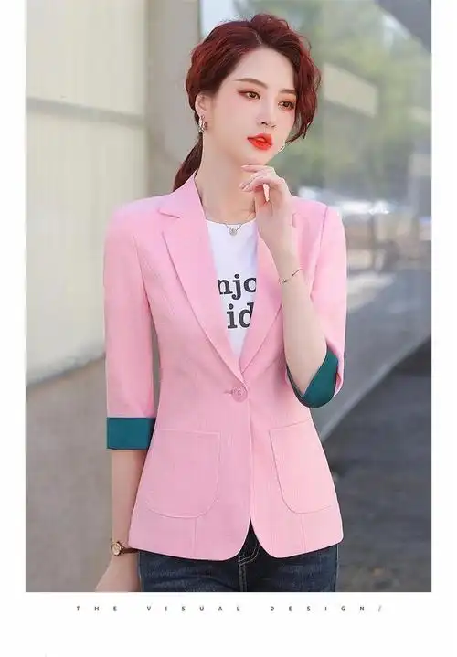 南极人轻奢小外套女小个子职业装气质女装休闲正装感七分袖套装 粉色