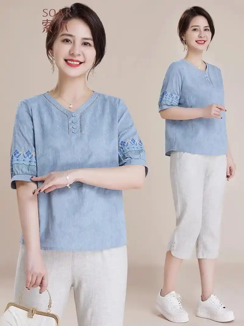 中年妈妈夏装棉麻短袖50岁中老年人女夏季.40 或将近40的 - 抖音