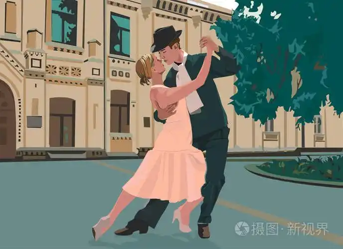 一个美丽的情侣跳舞华尔兹的矢量插图