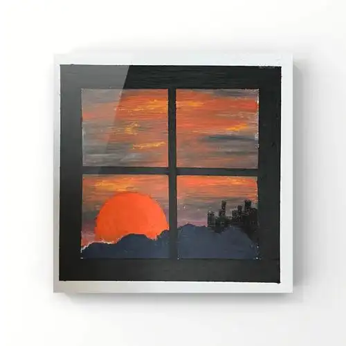 油画棒画从窗户看日落