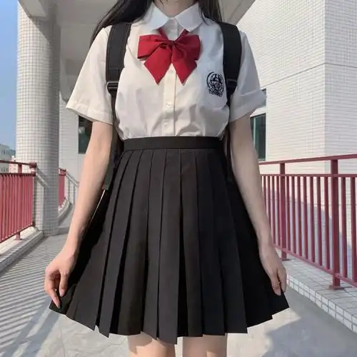 芩芙泰式校服jk制服短裙正统绀色学生色百褶裙半身裙调节扣黑色调节