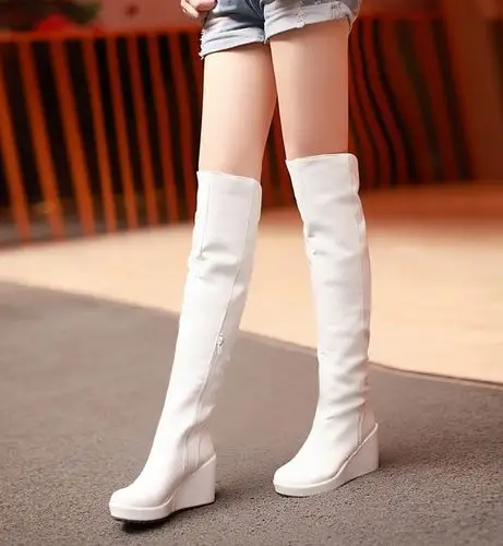 大童雪地韩版白色女靴子秋冬季坡跟女鞋高跟长靴过膝靴高筒长筒靴