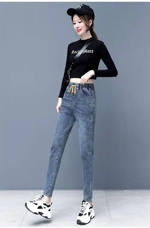 2021宽松直筒加绒弹力小脚哈伦冬季新款显瘦百搭女裤韩版裤子女士保暖