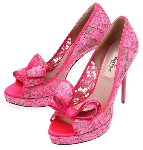 valentino(华伦天奴) 桃红色蕾丝镂空高跟鞋 36