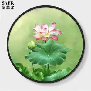 新中式入户玄关圆形装饰画荷花手绘油画现代轻奢客厅餐厅挂画定制