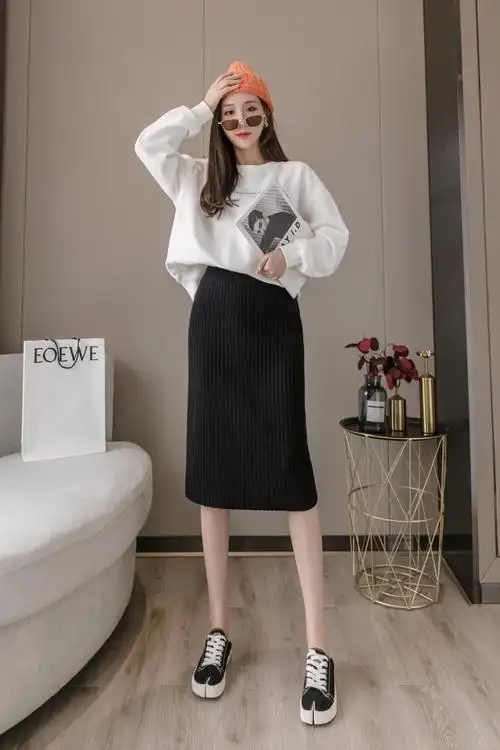 毛线高腰不开叉大码包臀半身裙长裙女ybe201225 咖啡色【裙子75cm】