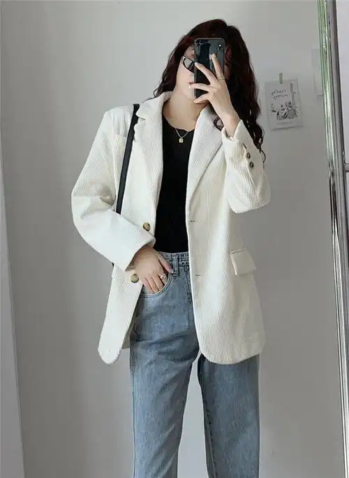 fansi饭思 2022春女休闲宽松米白灯芯绒小西装外套港风chic小西服