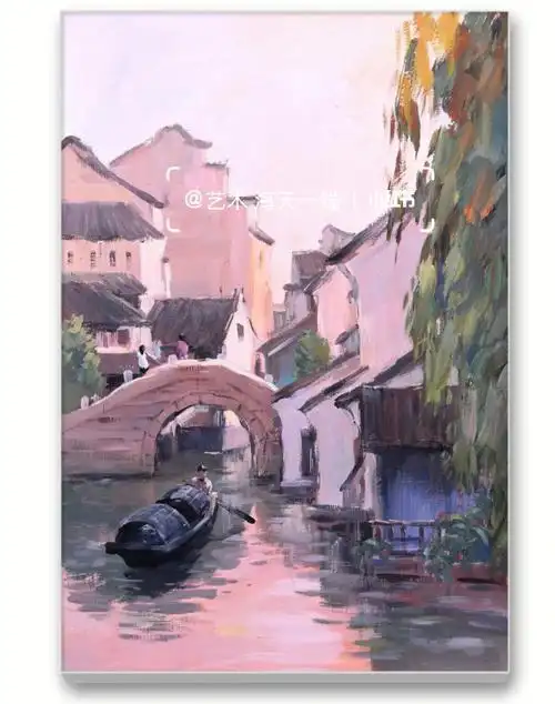 表现夕阳西下之江南水乡景象,四开卡纸水粉画#色彩风景  #水粉画