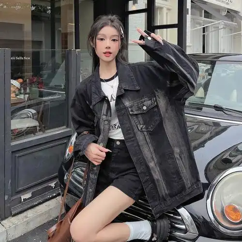 现货大码胖mm黑色牛仔外套女韩版宽松休闲百搭扎染工装夹克ins潮 - 17