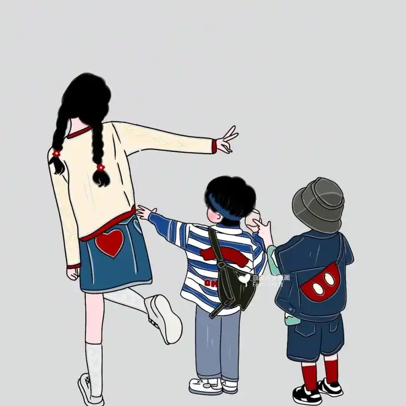 原创手绘两个儿子三个宝宝头像亲子手绘 带娃很累,总不能不带吧,外面