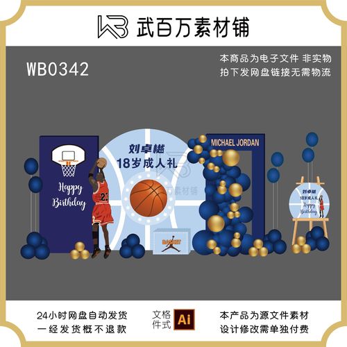 蓝色男孩篮球主题乔丹nba宝宝宴生日派对舞台布置设计素材