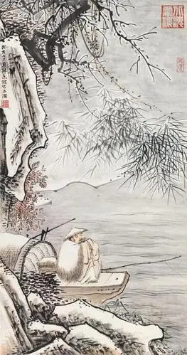 1983年作 寒江独钓 立轴 设色纸本