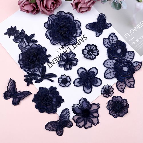 藏青色蕾丝花朵布贴羽绒服贴衣服装饰修补破洞贴补丁贴花刺绣贴布