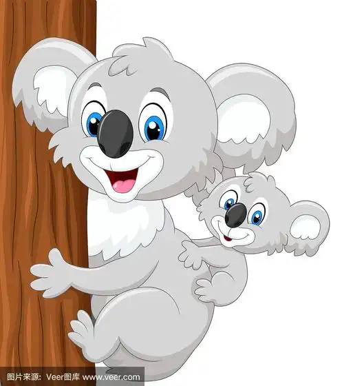 卡通考拉宝宝在妈妈的背上拥抱树