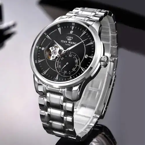 天王表全自动机械表男表正品防水钢带真皮带夜光镂空机械手表男士