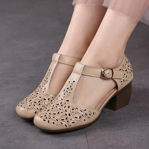 凉鞋女低帮丁字式扣带真皮包头高跟中空软底镂空中年民族风妈妈鞋