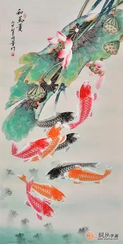 经典玄关挂画 羽墨招财九鱼图《和为贵》