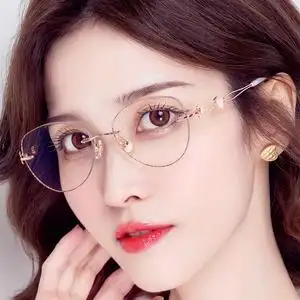 钻石切边眼镜女镶钻无框素颜高度超薄无框近视眼镜架女士变色优雅