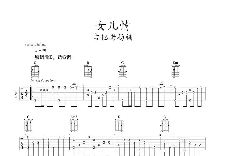女儿情吉他谱_吴静_g调指弹