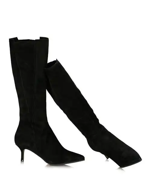 jcc 黑色羊绒皮革纯色细跟尖头长靴
