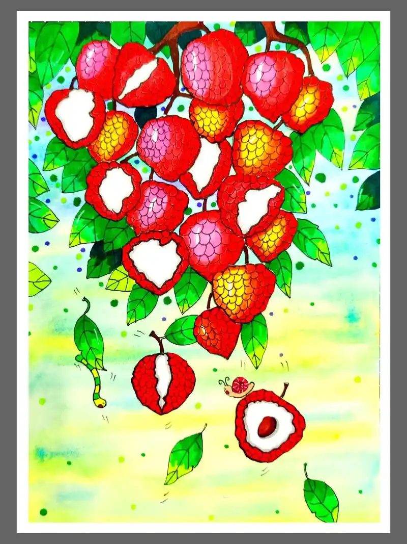 《红艳艳的荔枝》水彩|马克笔|手工创意|7-8岁#一起学画画 - 抖音