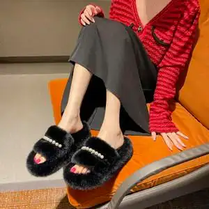 一字串珠毛毛拖鞋女韩版仙女风冬季棉拖秋季新款百搭外穿厚底凉拖