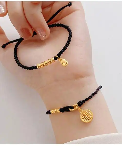 老凤凰999足金小福牌手链情侣一对新款潮编织手绳黄金情人节送女友