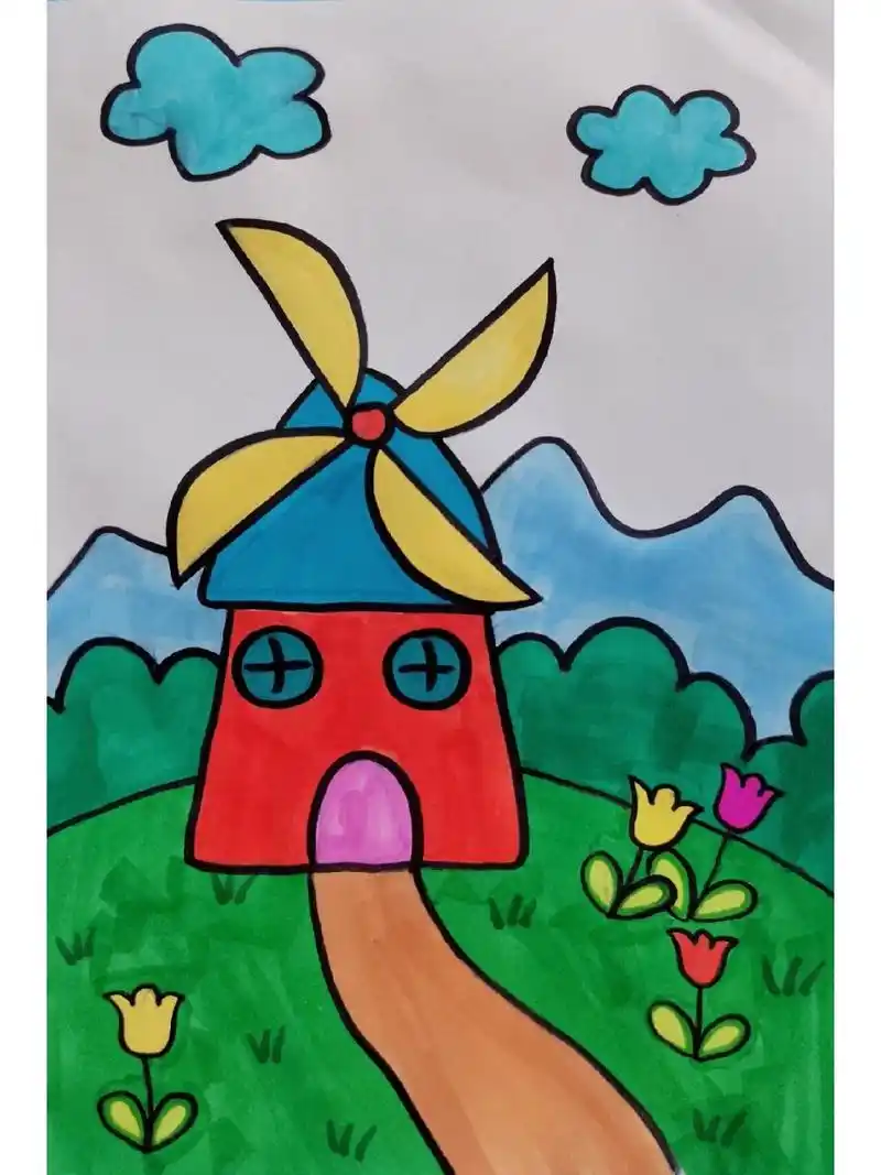 简单的风车房子简笔画 简单的风车房子简笔画,假期带着宝贝画起来吧
