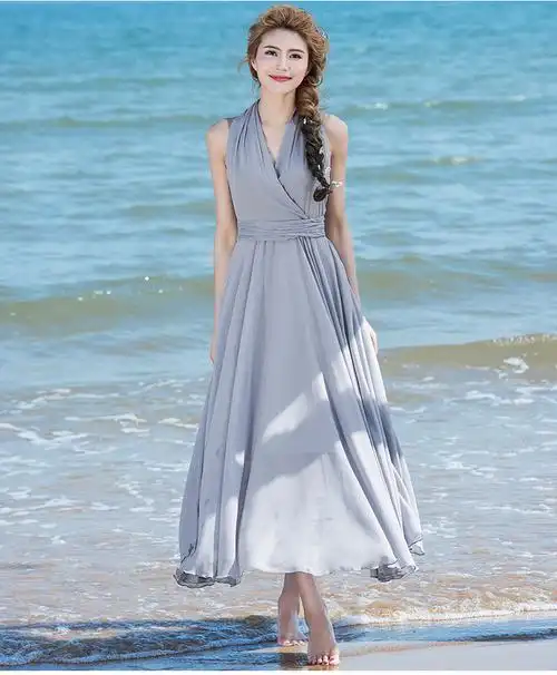 reill)连衣裙挂脖无袖雪纺海边沙滩大摆波西米亚甜美长裙2021夏季新款