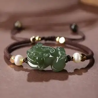 晓梦和田玉皮丘貔貅手链男款白玉貔恘玉石手串女情侣红绳手绳编织棕绳