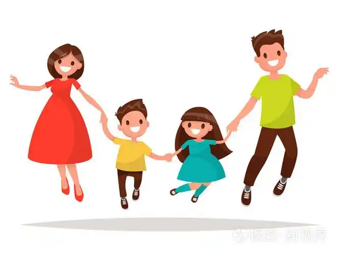 快乐的家庭跳跃.爸爸妈妈女儿和儿子握着的手