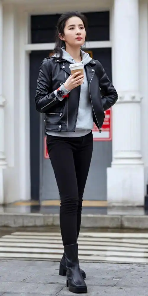刘亦菲皮衣外套,漂亮有气质.