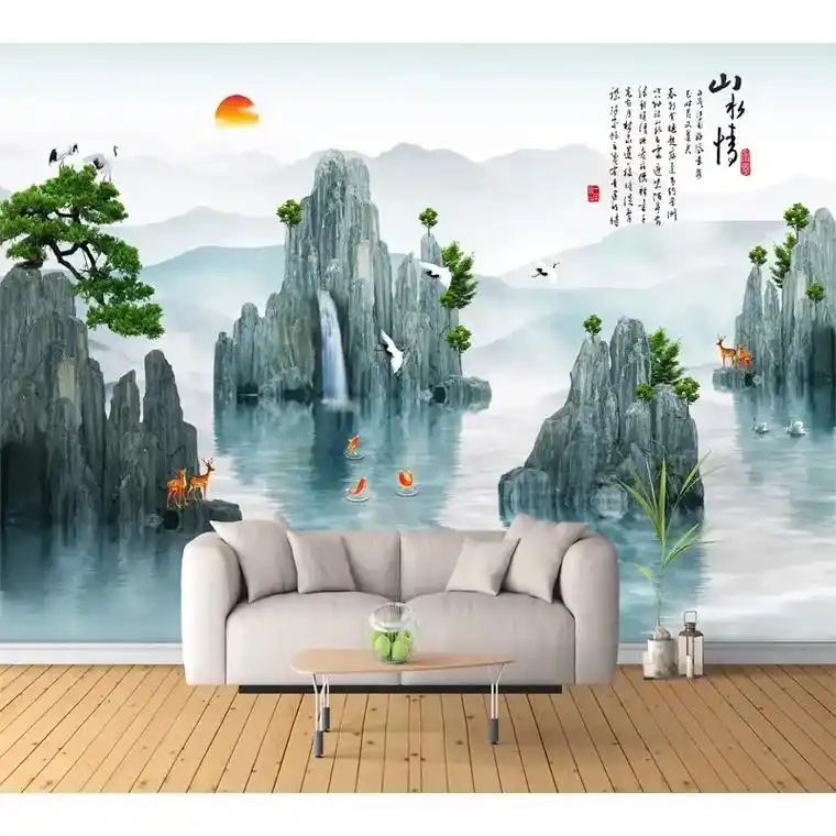 水墨山水画墙纸自粘风景画客厅背景墙装饰贴