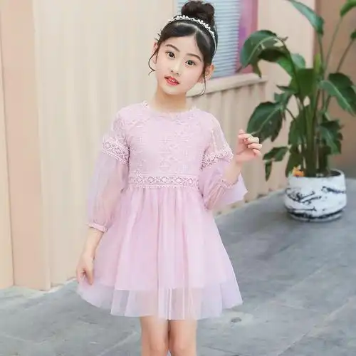 女童连衣裙长袖公主裙2021童装春秋款蕾丝中大童纱裙儿童裙子代发
