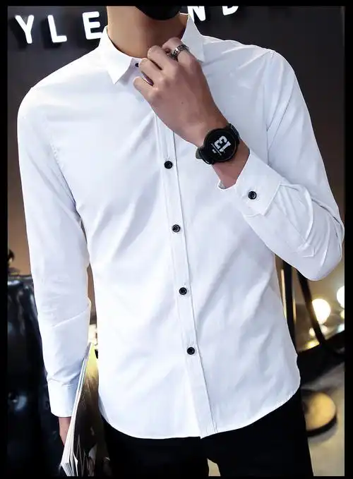 男装长袖衬衫男白色修身韩版男士衬衣2018秋新款白衬衫男潮流065
