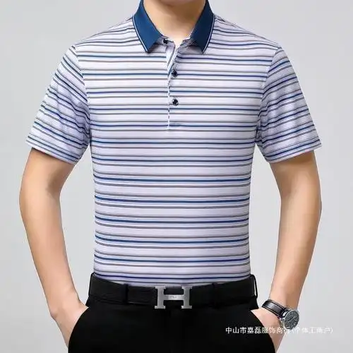 码中年加大t恤爸爸桑蚕丝短袖夏季条纹丅恤男士男装高档真丝品牌